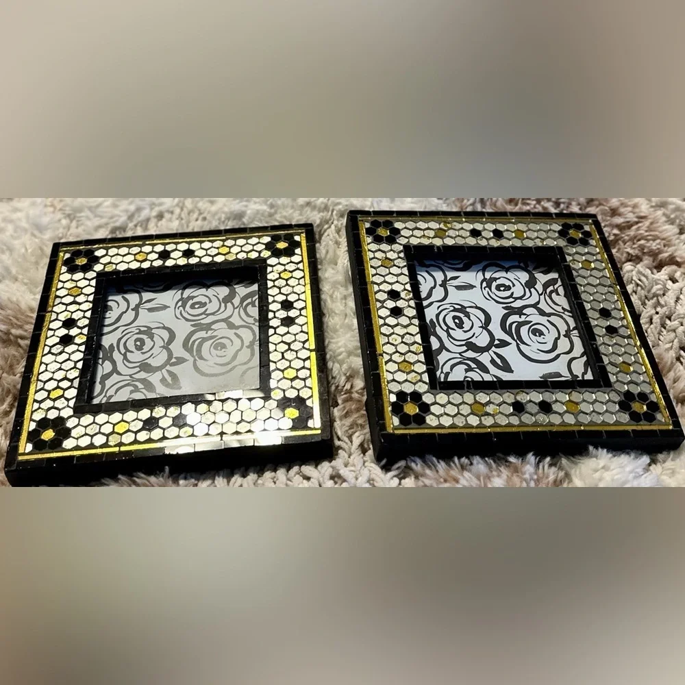 Anthropologie Mosaic Tile 4x4 Picture Frames — Set of 2, Black/White/Gold, NWT